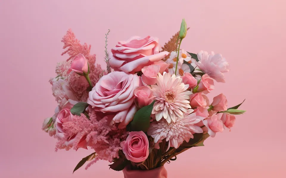 複数の花が花瓶に入っている様子